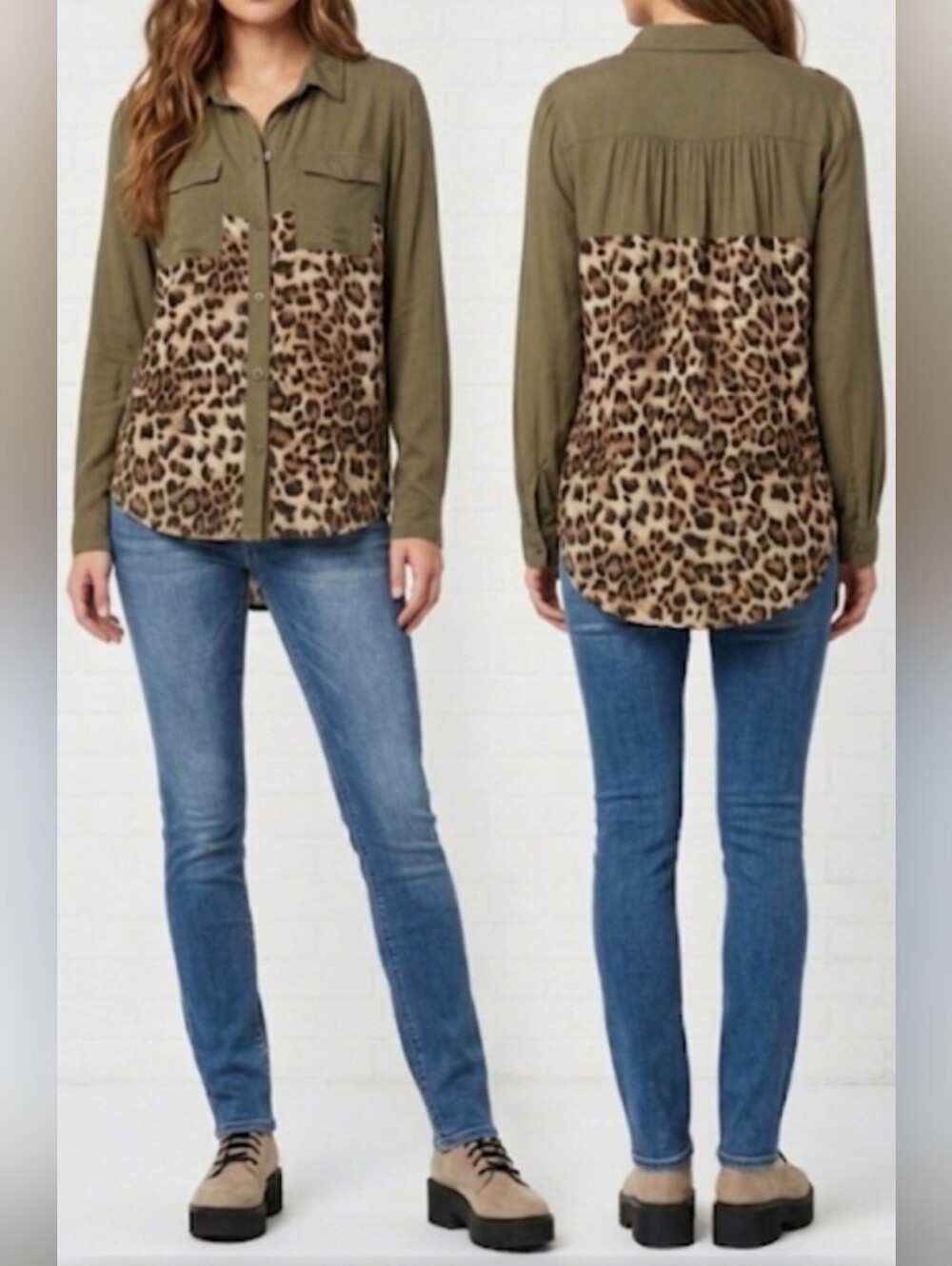 A-2 Olive Green and leopard print shirt Shacket Miss me size med